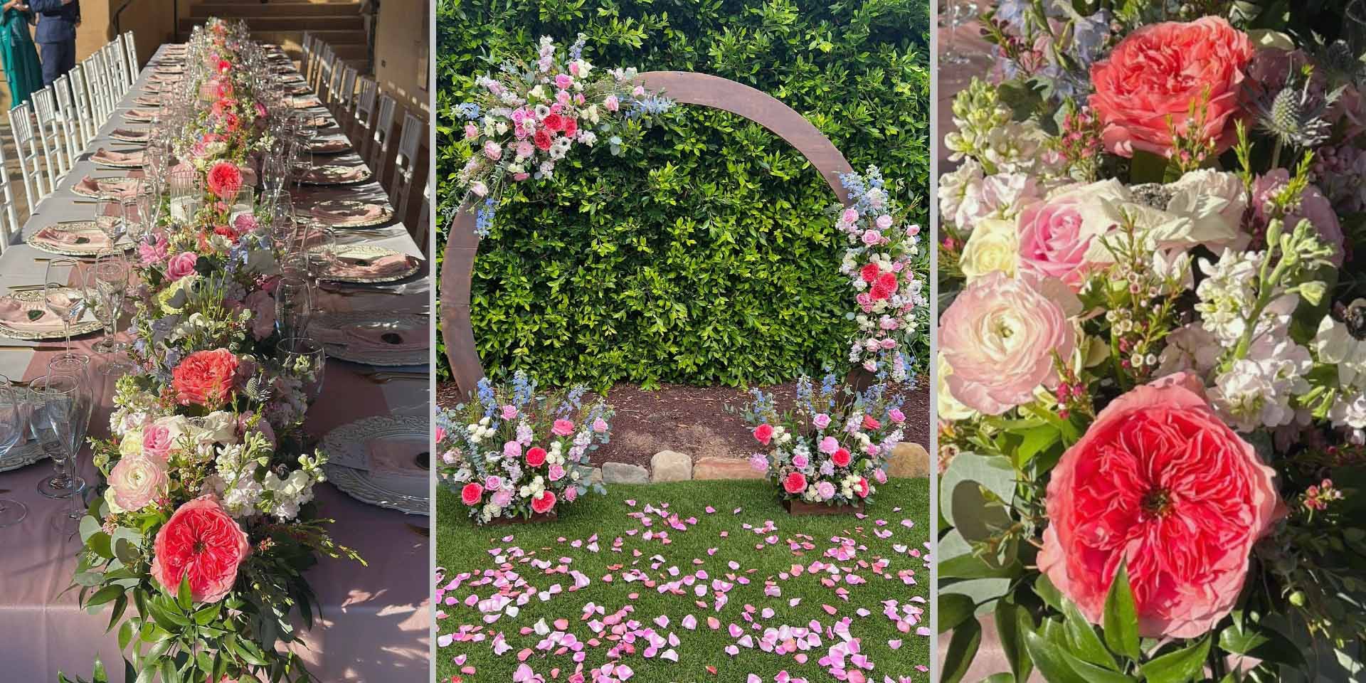Collage of wedding floral arrangements including a 40-foot floral table runner, arch, and close-up of florals.
