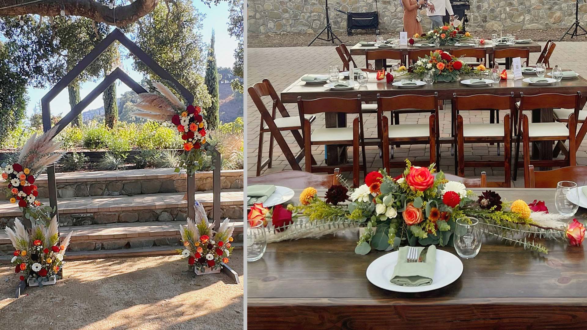 Santa Ynez vineyard wedding arch and table centerpiece details featuring garden roses, dahlia, and pampas grass.