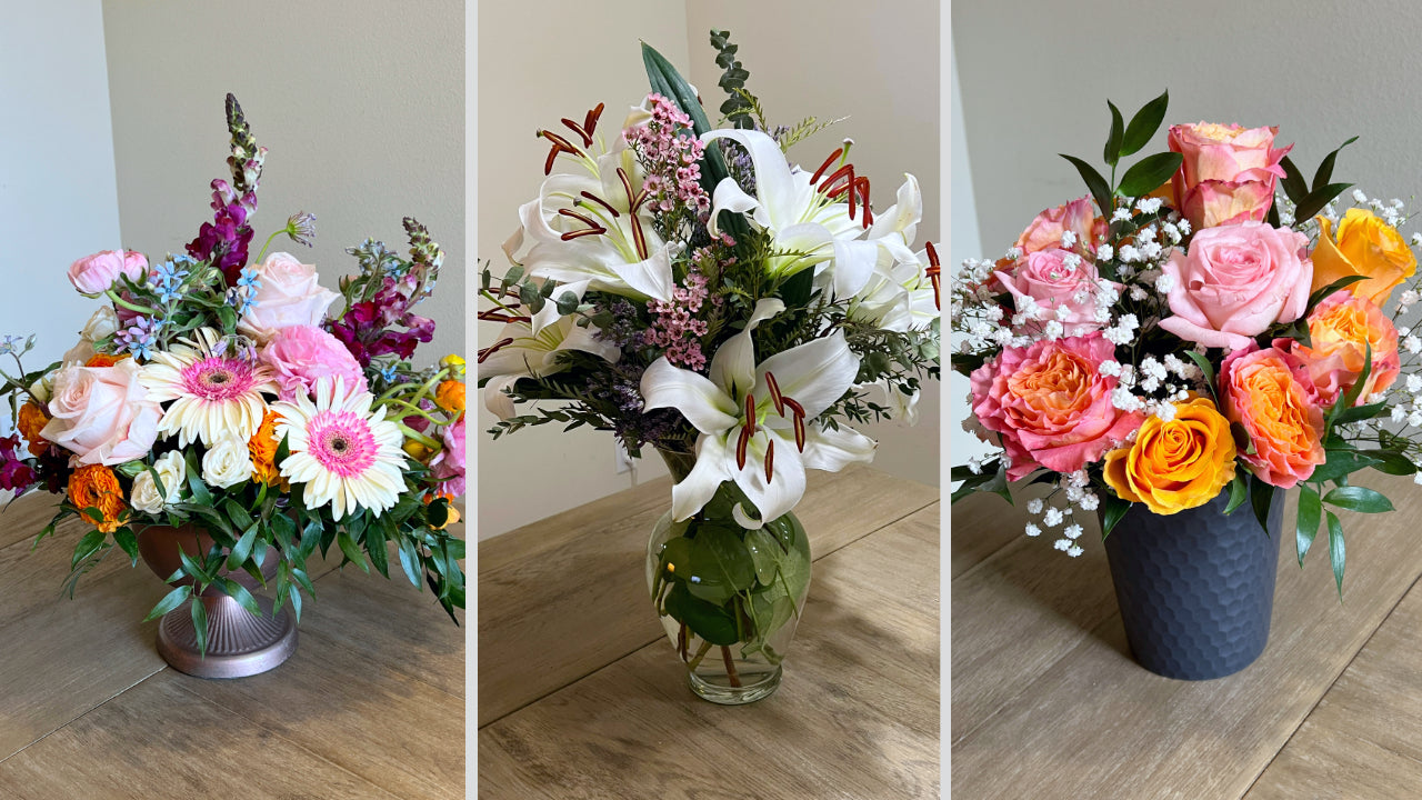 Three floral arrangements for bedside, sofa, or end table featuring classic designs
