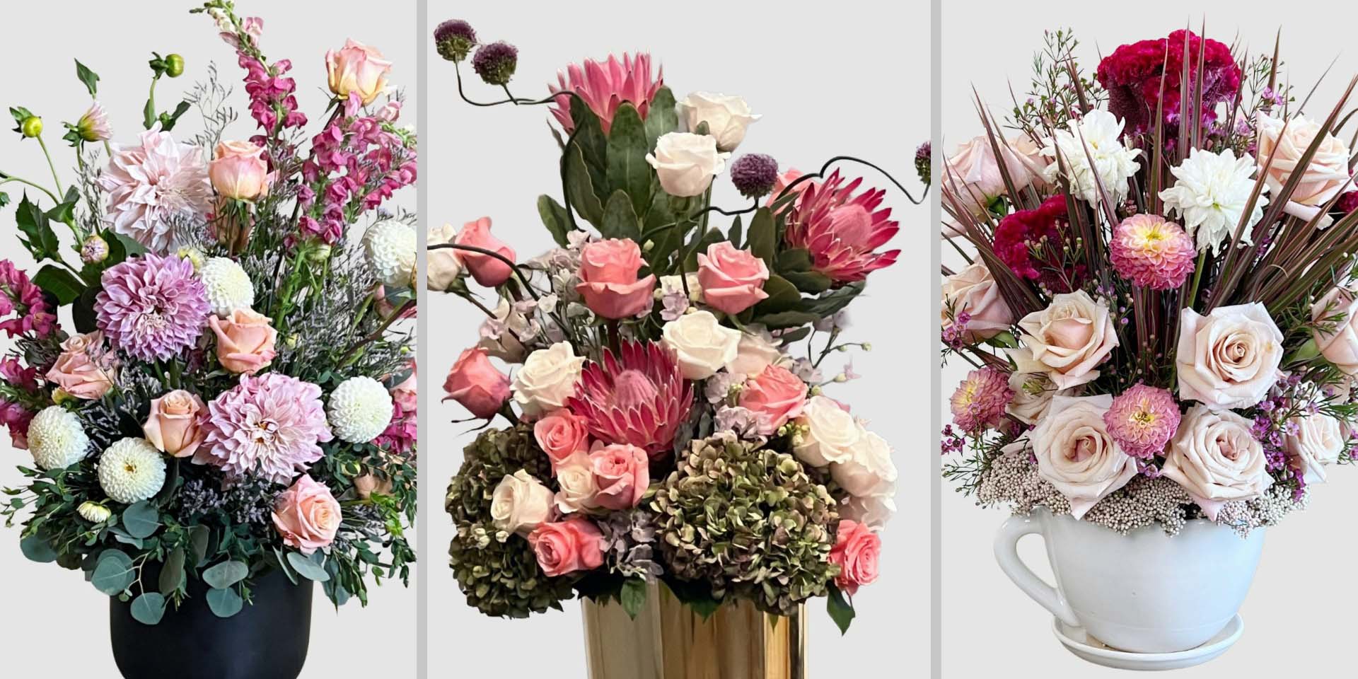 Trio of luxury soft pastel floral arrangements by Pearson Floral Designs in Los Angeles.