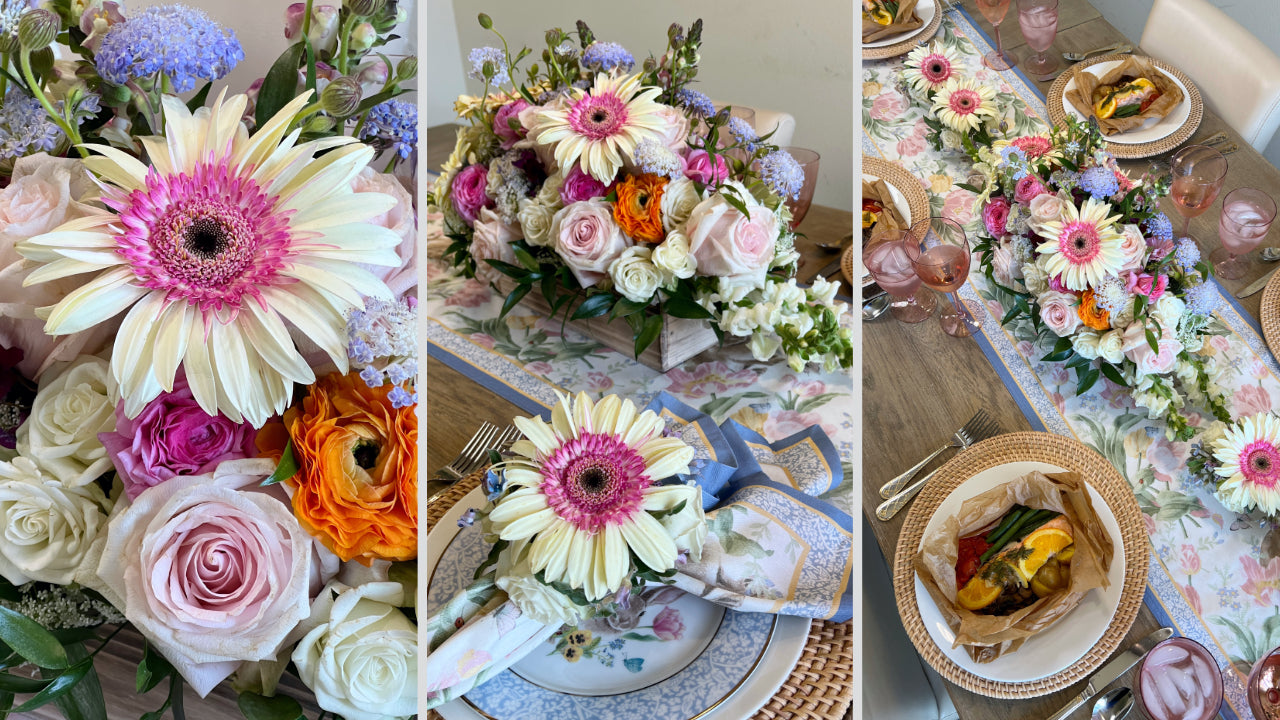 Spring dinner party tabletop florals featuring a centerpiece and floral napkin rings