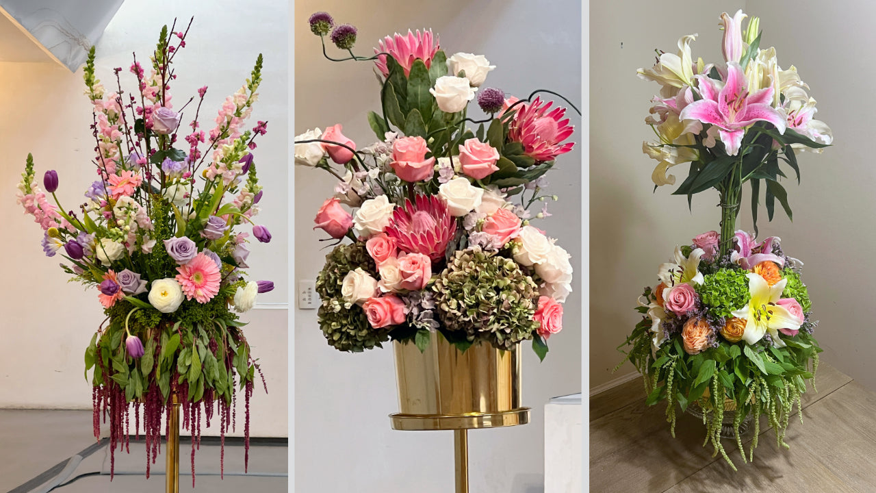 Three statement floral arrangements for a lobby, foyer, or room with high ceilings 