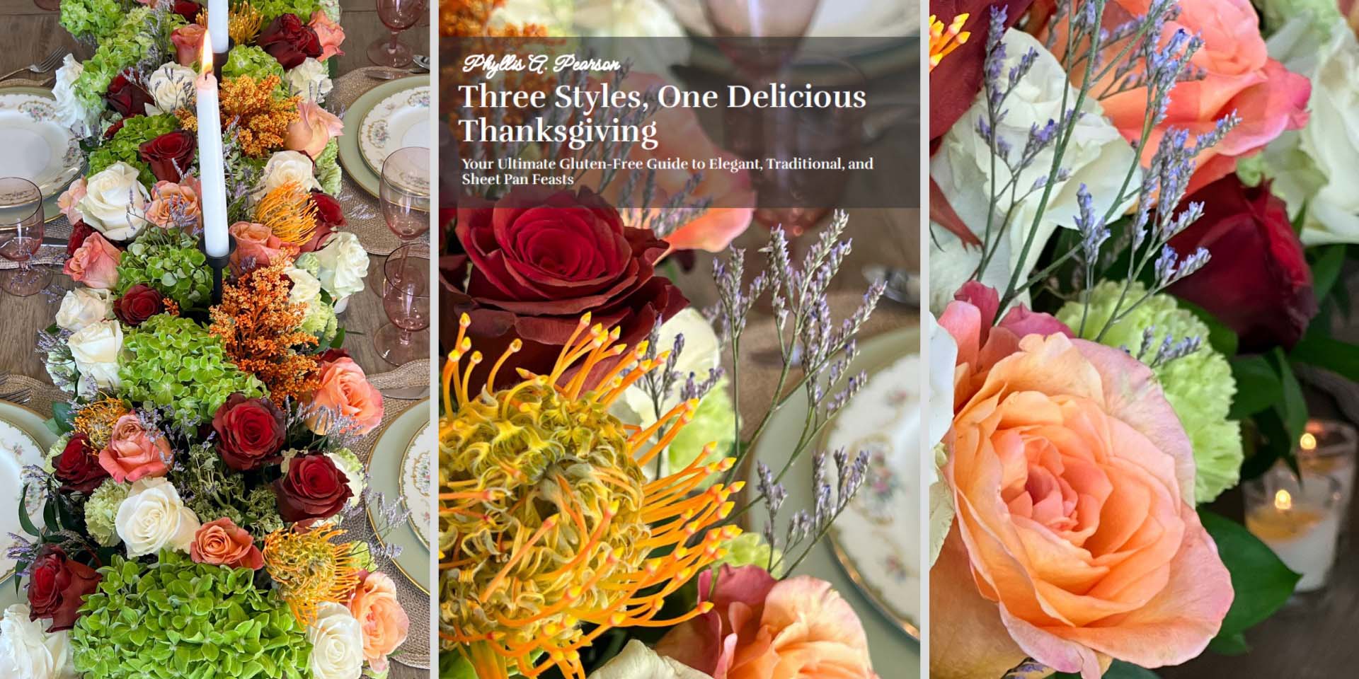 Thanksgiving floral tablescape design by Pearson Floral Designs in Los Angeles for gluten-free cookbook.
