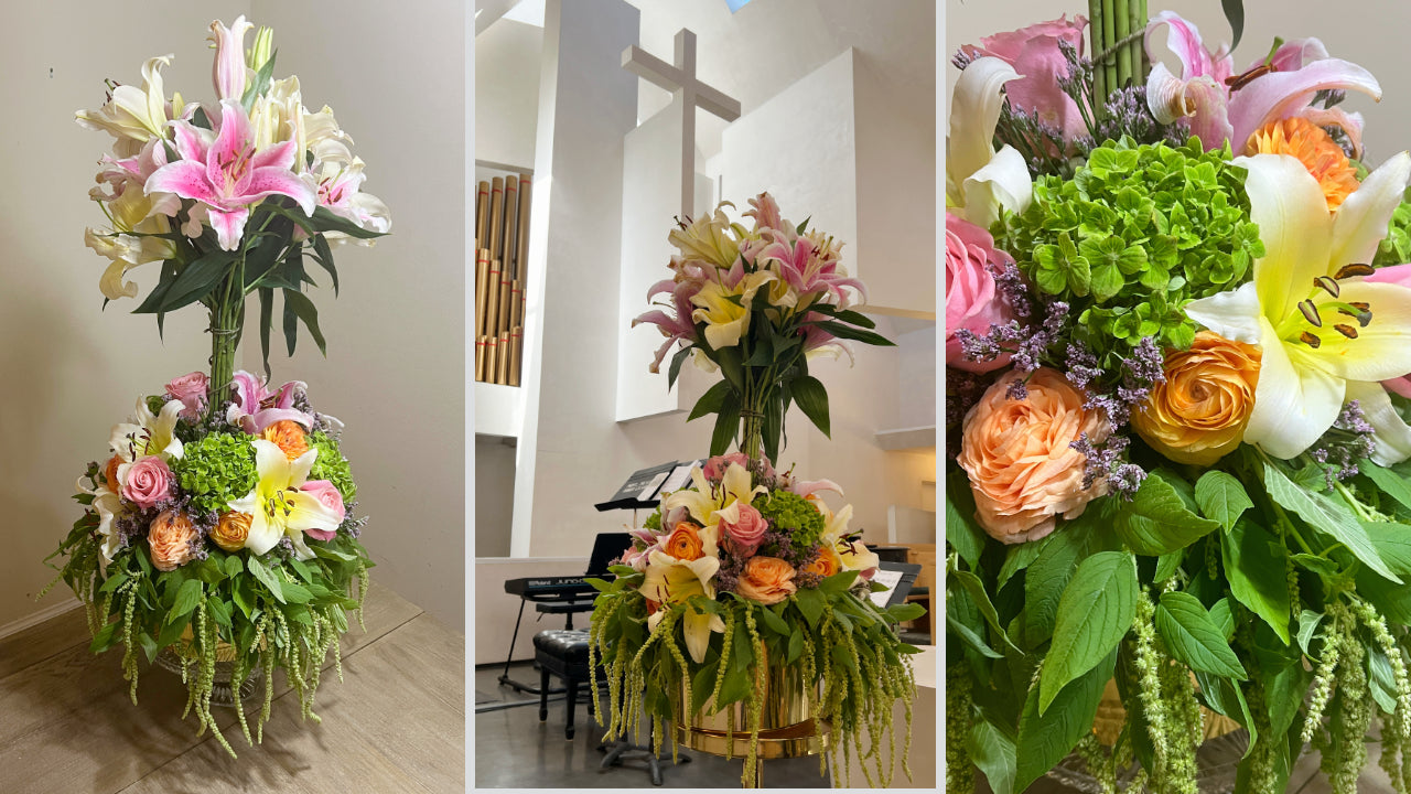 Topiary floral arrangement for houses of worship featuring Anastasia pink and lemon lilies, hydrangeas, roses, and Amaranthus