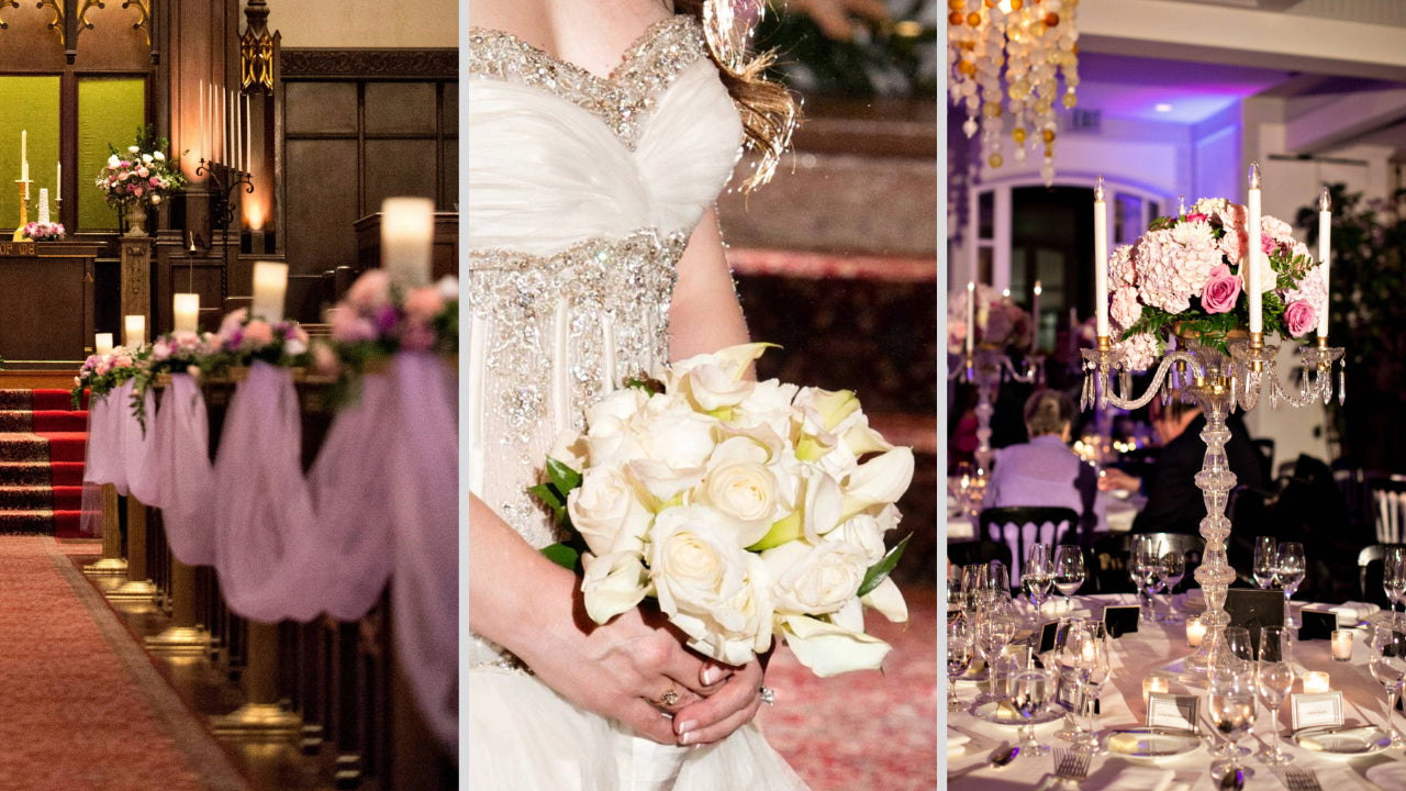 wedding ceremony and reception florals with roses, hydrangeas, and calla lilies